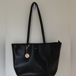 DKNY Black Leather Tote with Gold Logo Charm